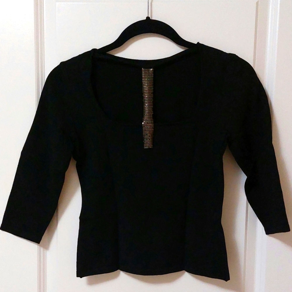 Elegant black evening top with metallic mesh design
